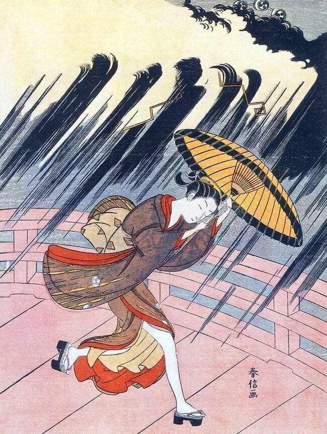 A Bijin - une belle femme - prise dans une tempête de pluie Suzuki Harunobu