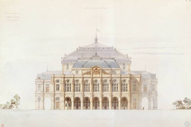 Académie impériale de musique, projet d'opéra, élévation de la façcade principale Eugène Viollet-Le-Duc