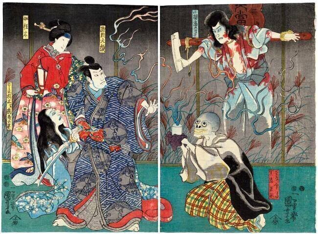 Acteurs Ichikawa Kodanji IV comme le fantôme de Kozakura Tôgô (à droite), Bandô Hikosaburô IV comme Orikoshi Tairyô (à gauche). Utagawa Kuniyoshi Utagawa Kuniyoshi