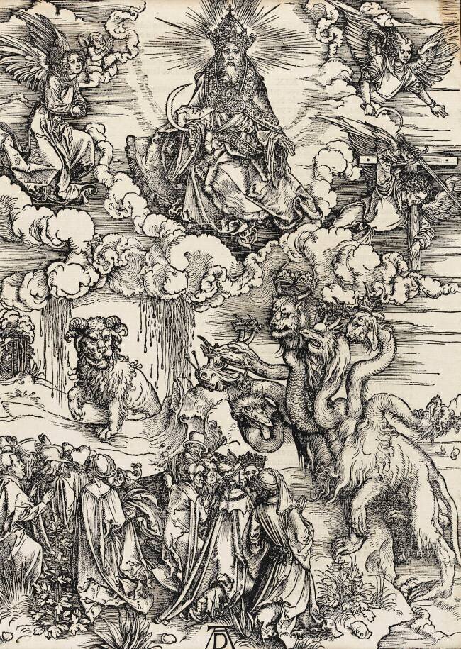 Apocalypse selon Saint Jean - Le monstre de sept têtes et la bête à cornes Albrecht Dürer