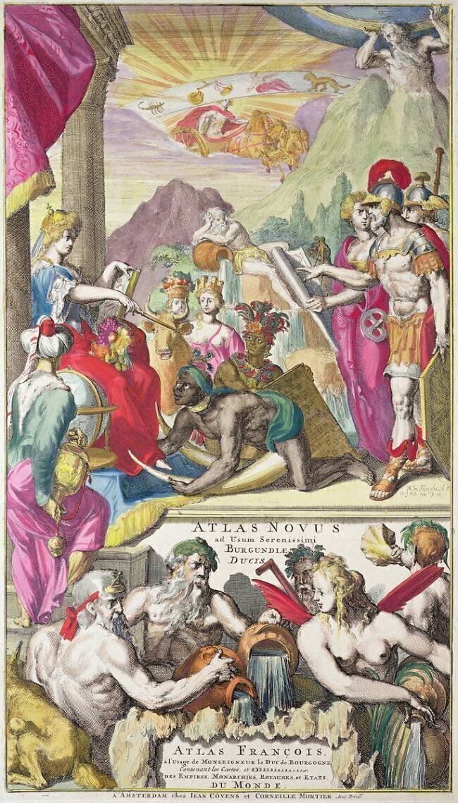 Atlas Novus ad usum Serenissimi Burgundiae Ducis représentant Europa recevant l'hommage des peuples d'Asie Romeyn de Hooghe