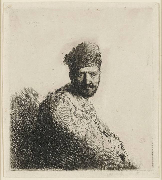 Buste d'homme à bonnet fourré et manteau brodé Rembrandt