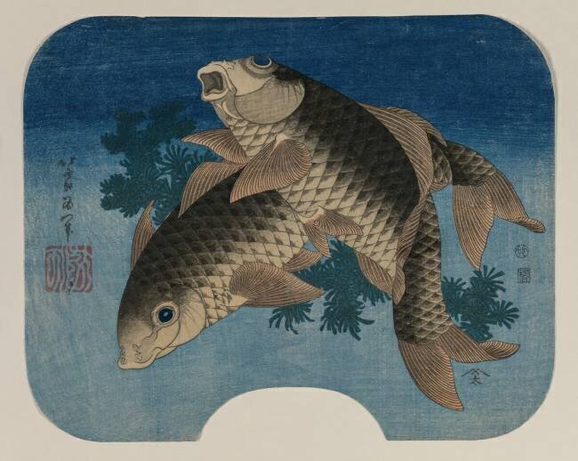 Carpes nageant près des herbes aquatiques Hokusai