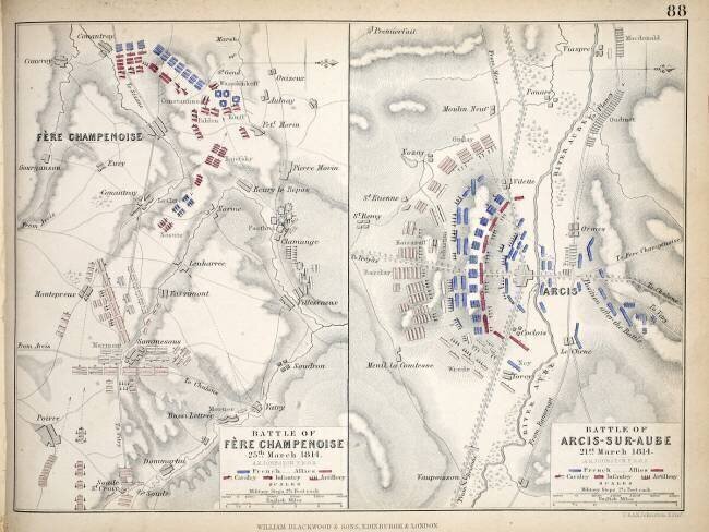 Carte de la bataille de la Fere Champenoise et de la bataille d'Arcis-Sur-Aube Alexander Keith Johnston