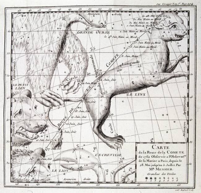 Carte de la route de la comète de 1762 et carte du ciel, observé par Messier anonyme