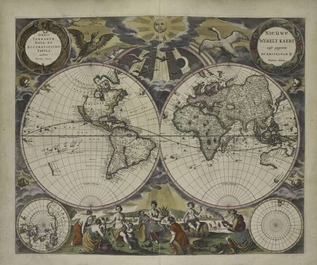 Carte du monde à double hémisphère de l'Atlas maritime de Goos du monde aquatique Pieter Goos