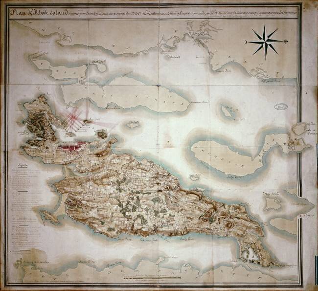 Carte du Rhode Island au moment de son occupation 1780-81 par l'armée française sur ordre de Jean-Baptiste de Vimeur Ecole Française