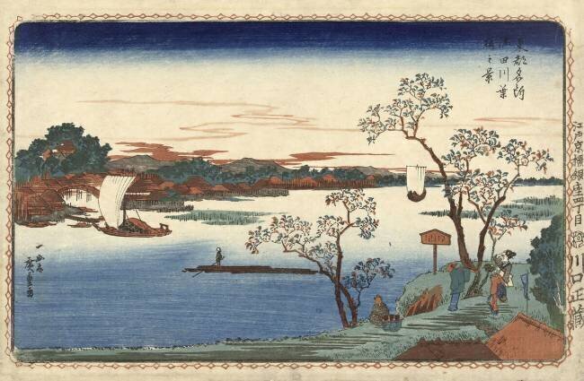 Cerisiers en feuilles le long de la rivière Sumida Hiroshige