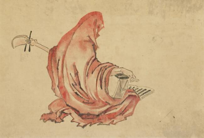 Daruma jouant du shamisen Hokusai