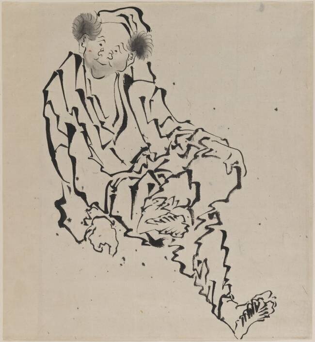 Dessin d'un homme assis avec la jambe gauche reposant sur le genou droit Hokusai