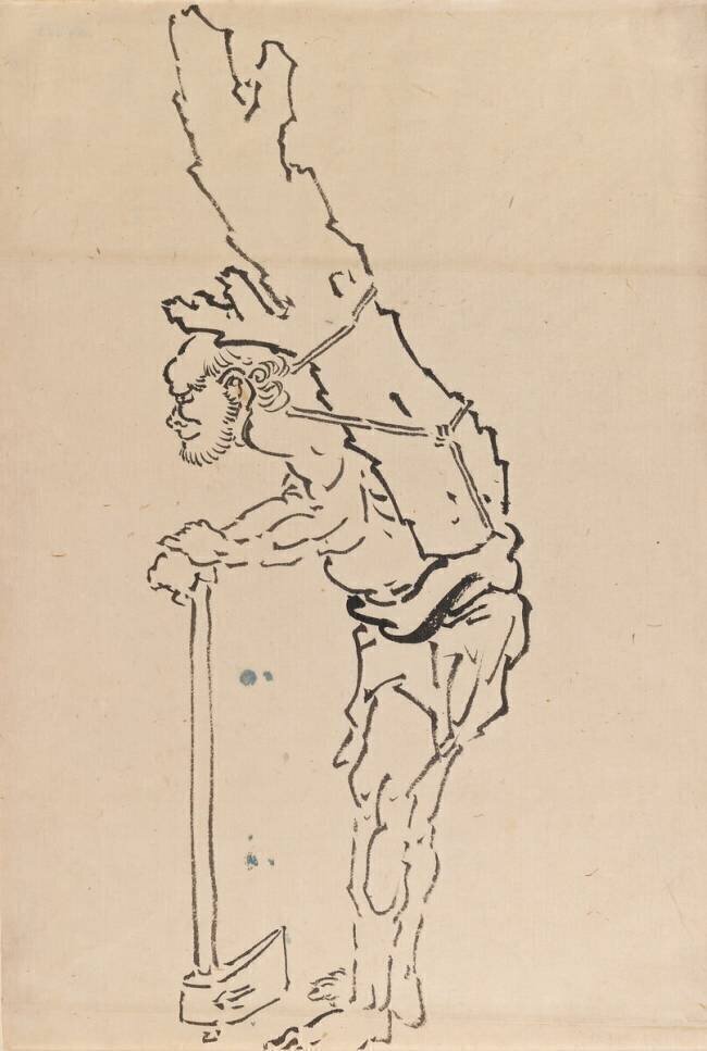 Dessin d'un homme s'appuyant sur une hache et portant une partie d'un tronc d'arbre sur son dos Hokusai