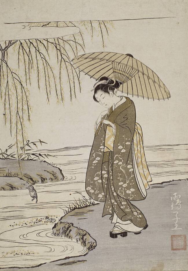 Egoyomi (estampe calendrier) ; jeune femme regardant une grenouille ; Ono no Tôfu (mitate) Suzuki Harunobu