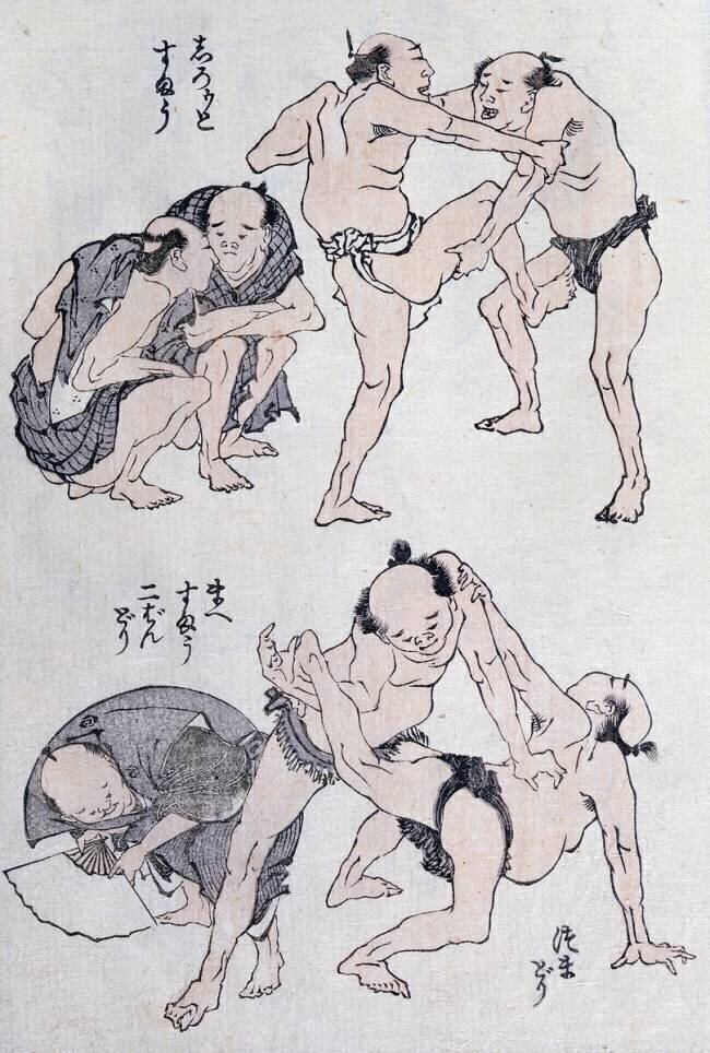 Études des gestes et postures des lutteurs Hokusai