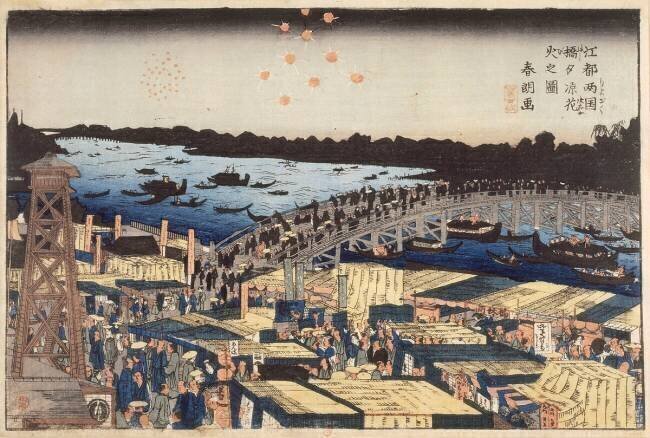 Feux d'artifice dans la fraîcheur du soir au pont de Ryosoku Hokusai