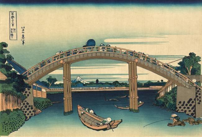 Fuji vu à travers le pont Mannen à Fukagawa Hokusai