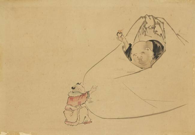 Hotei offre un bijou flamboyant à un petit garçon Hokusai