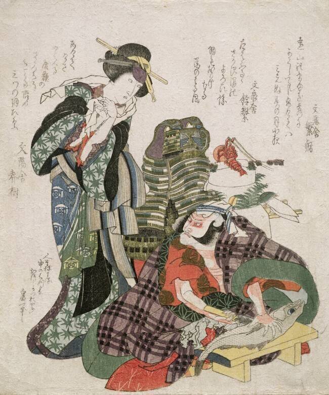 Ichikawa Danjuro et Ichikawa Monnosuke dans le rôle de Jagekiyo et Iwai Kumesaburo. Hokusai