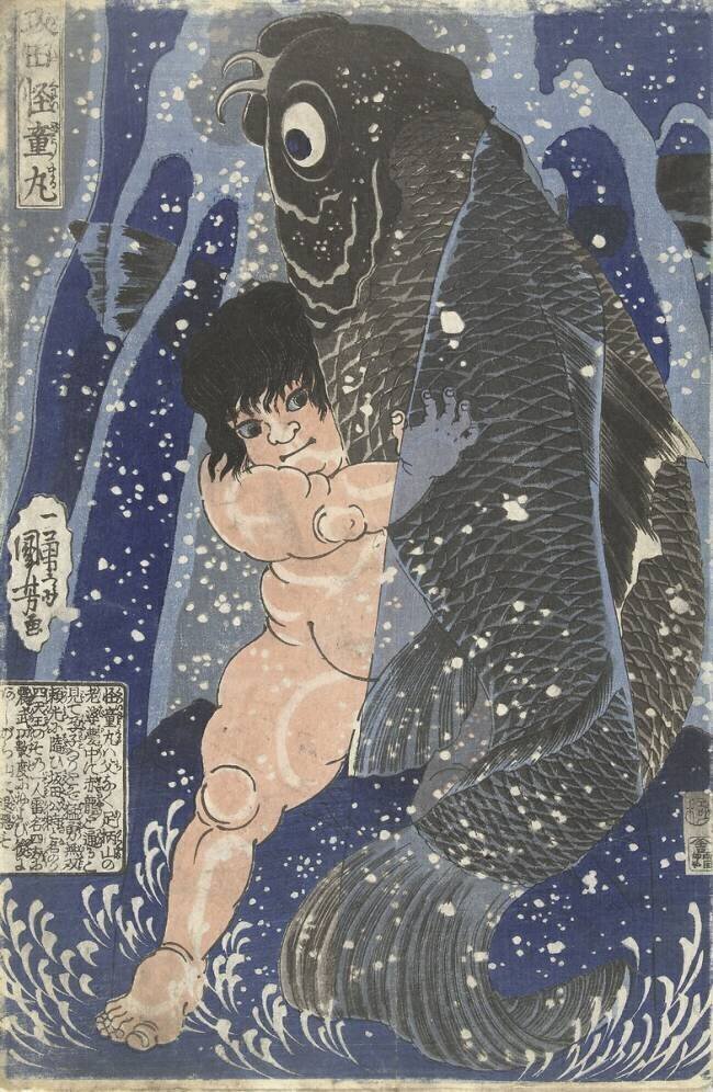 Kintaro en lutte avec la carpe Sakata Kaidomaro Utagawa Kuniyoshi