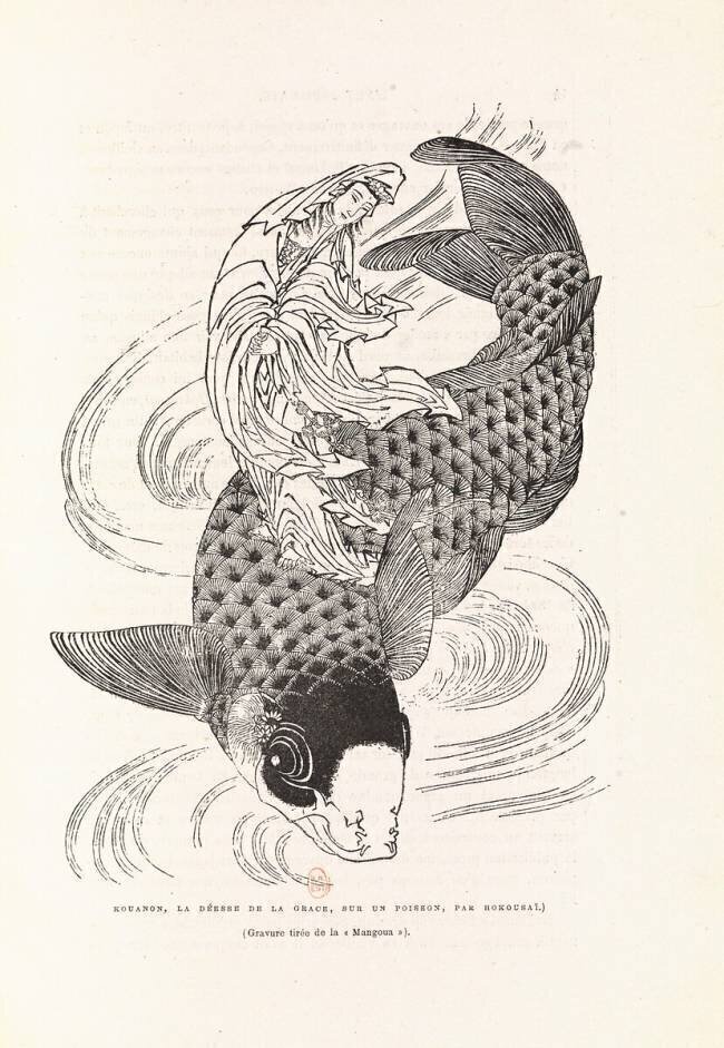 Kouanon, la déesse de la grâce, sur un poisson Hokusai
