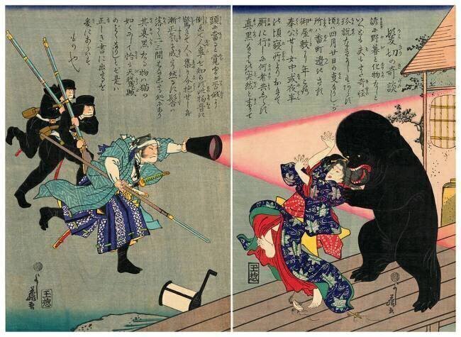 Le monstre Obake mord les cheveux d'une femme Utagawa Yoshifuji