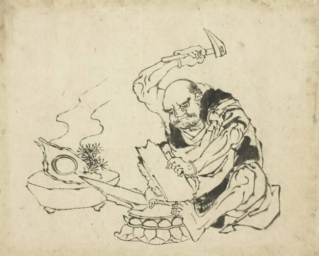 Moine zen brûlant une image de Bouddha Hokusai