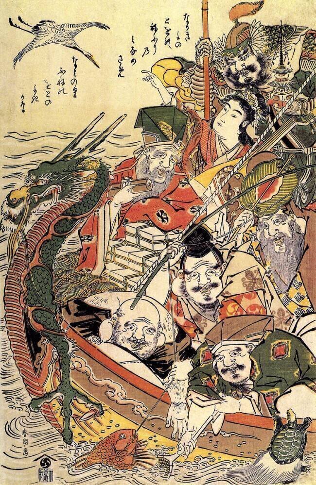 Mythologie japonaise : "Sept divinités du Bonheur" Hokusai