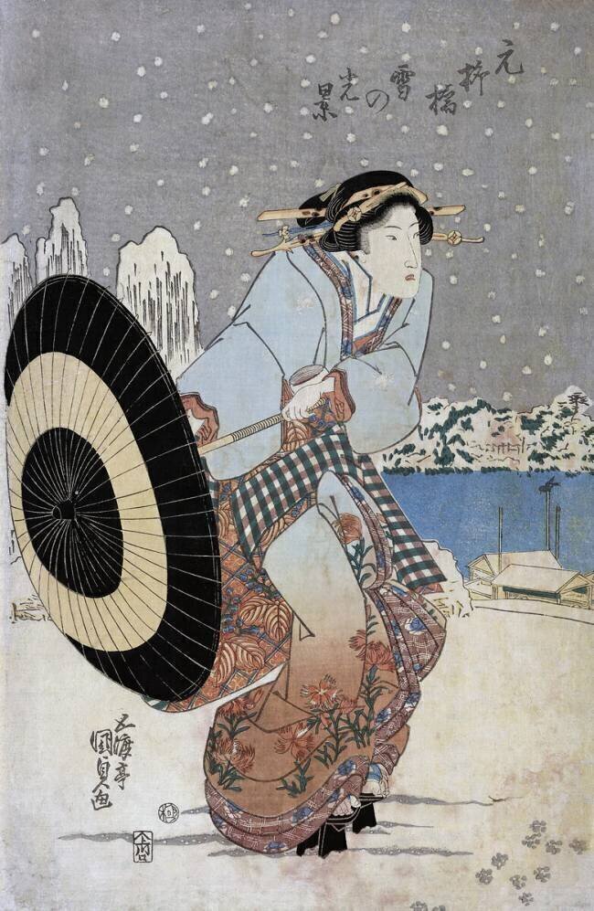 Night Snow Scene at Motonoyanagi Bridge Utagawa Toyokuni