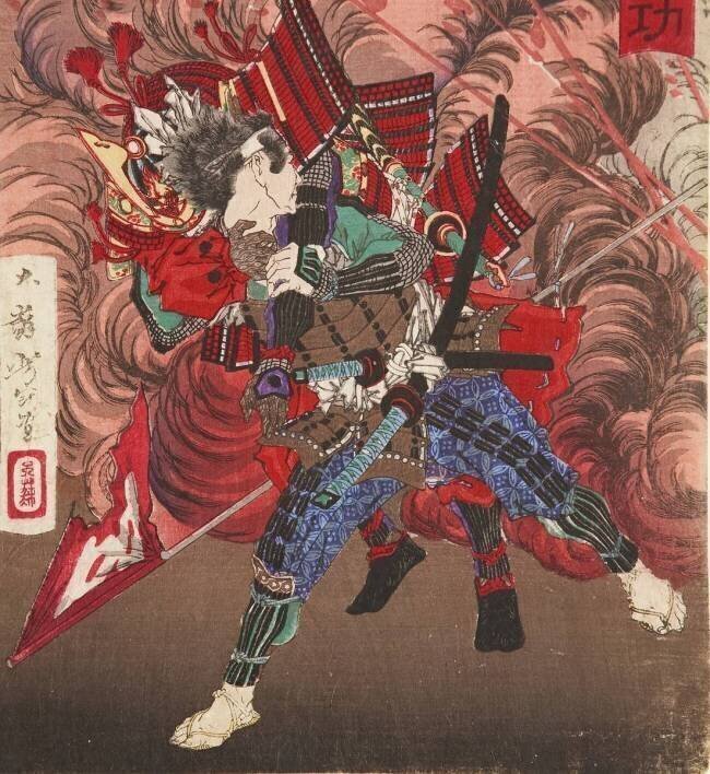 Okubo Hikozaemon au secours de Tokugawa Ieyasu sur le champ de bataille Tsukioka Yoshitoshi