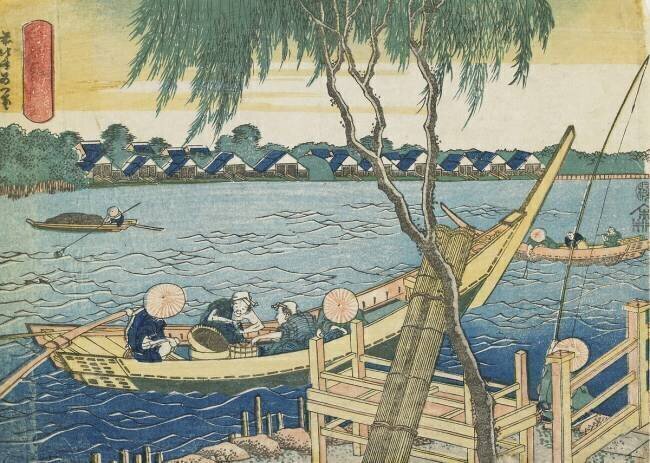 Pêche à la palangre sur la rivière Miyato Hokusai