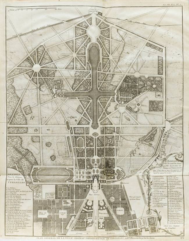 Planche 474 : plan général de la ville, du château et des jardins et parc de Versailles nouvellement Jacques-François Blondel