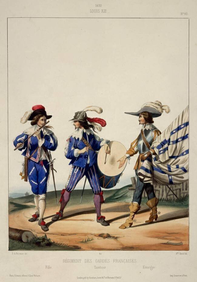 Régiment des Gardes françaises, sous Louis XIII, 1630 : fifre, tambour et enseigne Gustave David