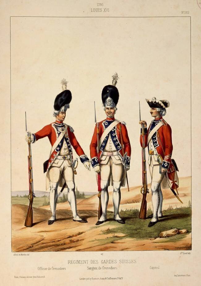 Régiment des Gardes Suisses, Louis XVI, 1786 : officier de grenadier, sergent de grenadier, caporal Gustave David