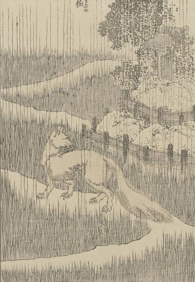 Renard sous la pluie Hokusai