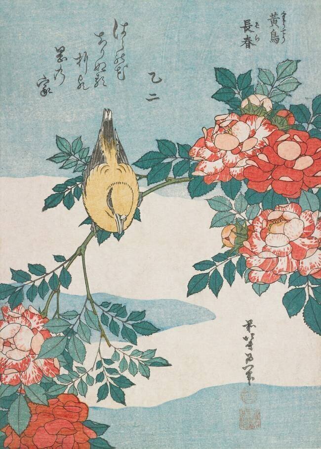 Rossignol et roses Hokusai