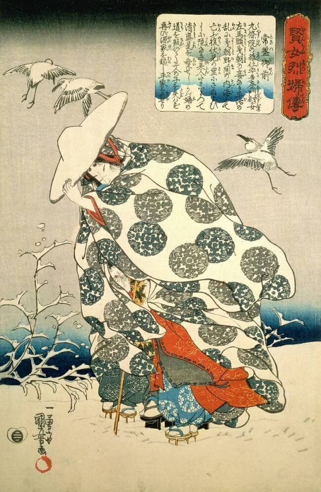 Tokiwa-Gozen avec ses trois enfants dans la neige Utagawa Kuniyoshi