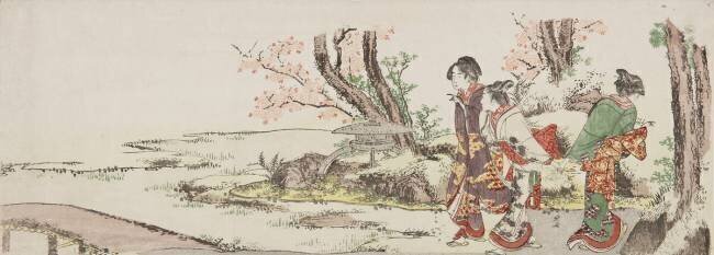 Trois femmes regardant des cerisiers en fleurs Hokusai