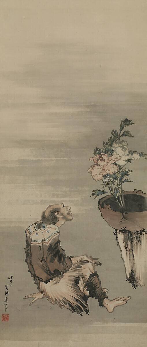 Un homme assis regardant des pivoines en pot Hokusai