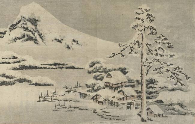 Village de bord de mer dans la neige Hokusai