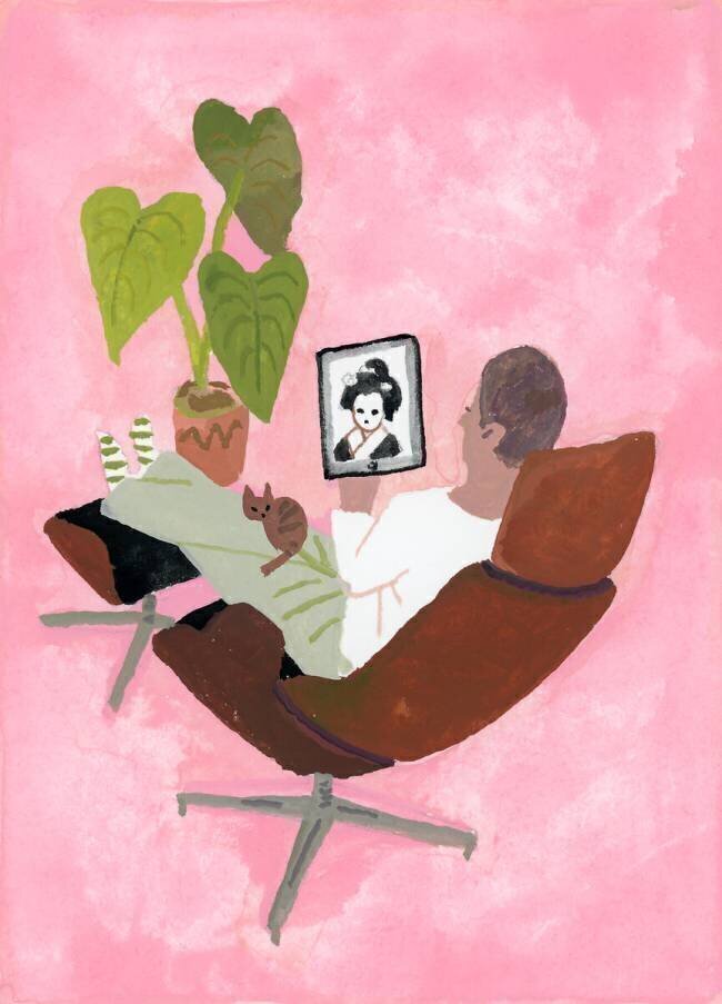 A man watching geisha girl on the iPad Hiroyuki Izutsu