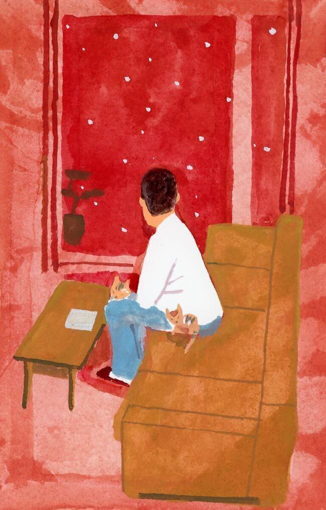 A man watching the city of snow from the living room Hiroyuki Izutsu