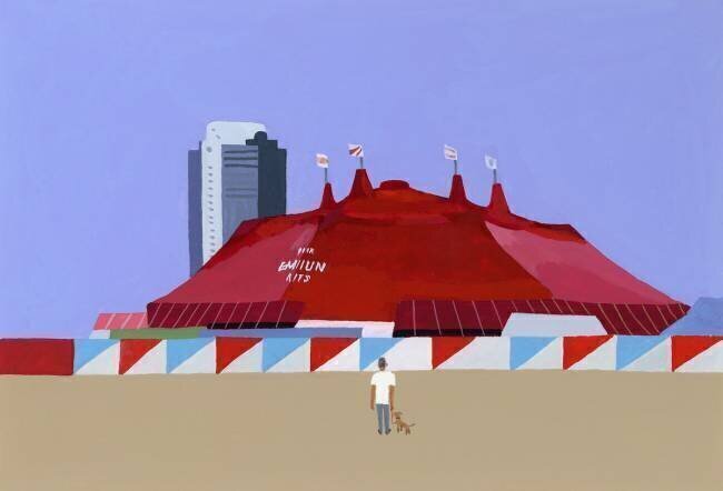 A man with a circus tent and a dog Hiroyuki Izutsu