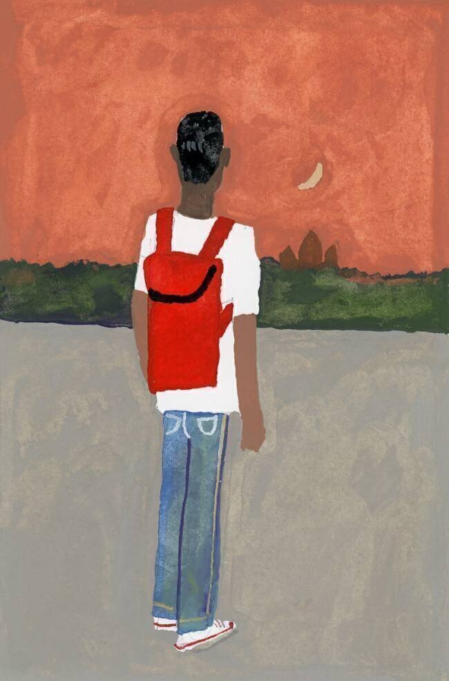 A traveler carrying a red backpack Hiroyuki Izutsu