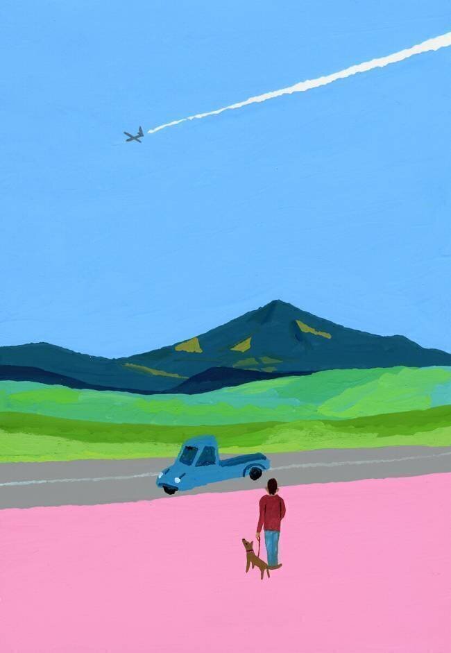 Airplane and pick up truck and dog and meadow Hiroyuki Izutsu