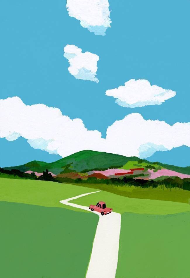 Driving through the meadow in a red car Hiroyuki Izutsu