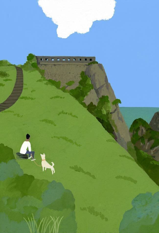 Rest with a dog on a grass hill Hiroyuki Izutsu