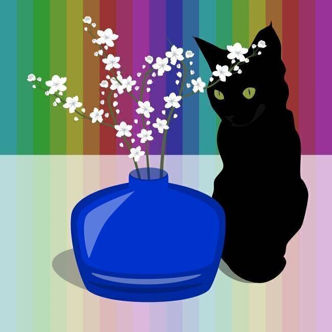 Vase en verre bleu avec fleur et chat noir Claire Huntley
