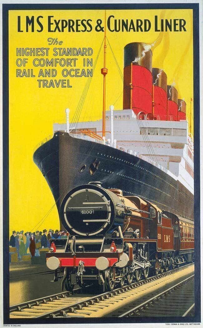 Locomotive LMS Express et paquebot Cunard Ecole anglaise