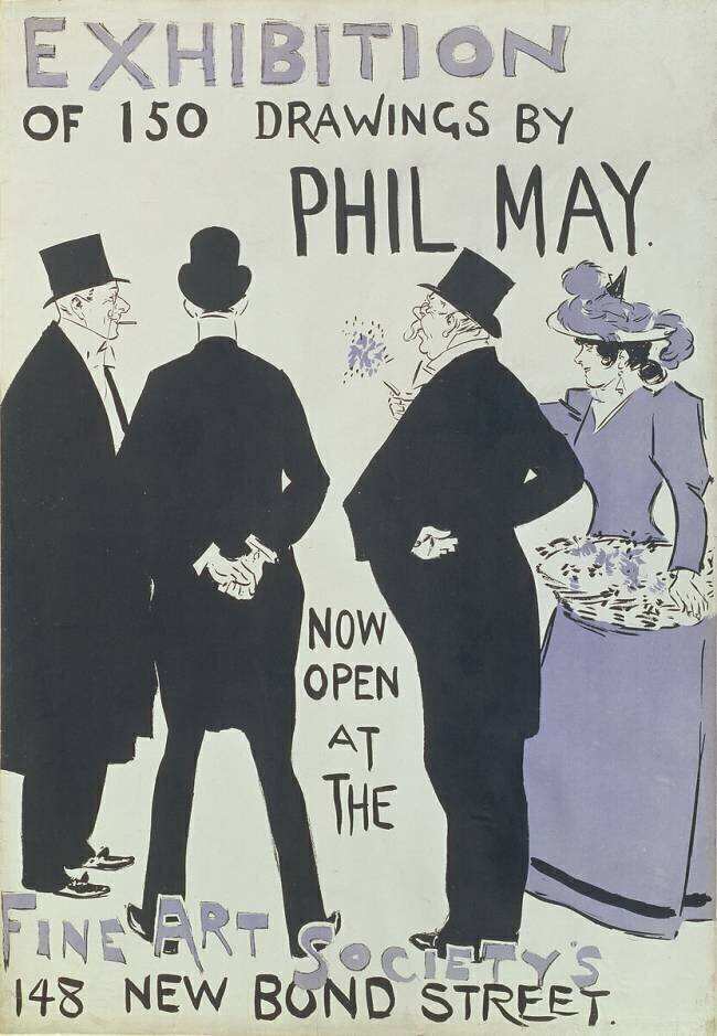 Affiche annonçant une exposition de 150 dessins de Phil May à la Fine Art Society Ecole anglaise