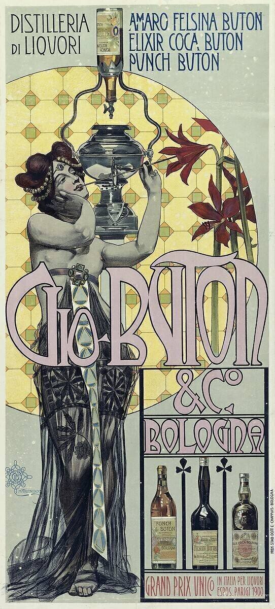 Affiche publicitaire de la distillerie d'alcool Gio Buton et C Bologna Giovanni Maria Mataloni