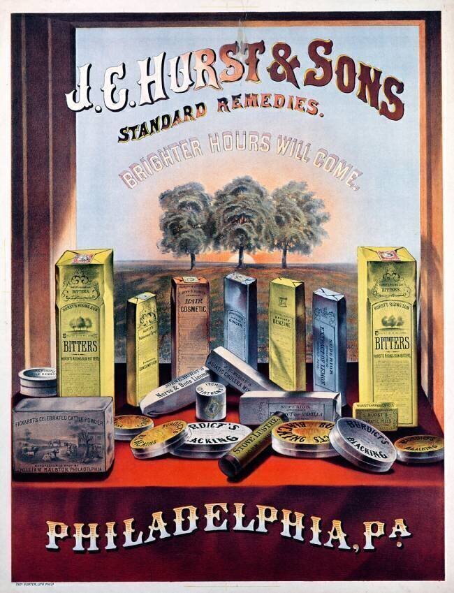 Affiche publicitaire J.E. Hurst & Sons Standard Remedies - Des heures plus lumineuses viendront Ecole américaine